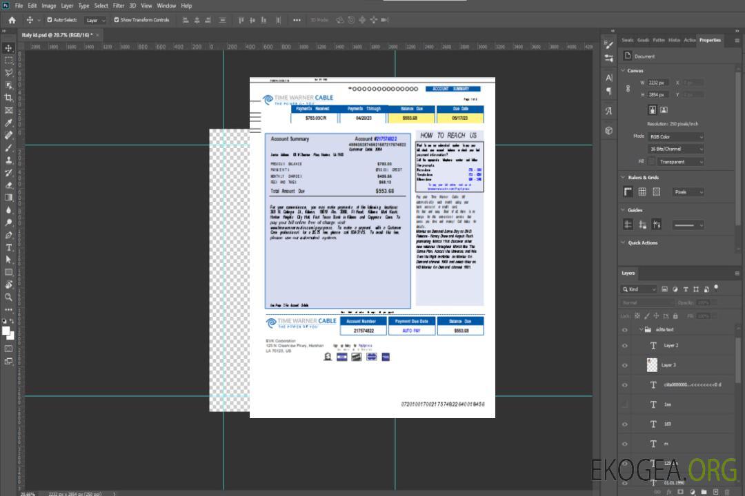 Facture commerciale de service public de Time Warner Cabel, page 1, SCR template